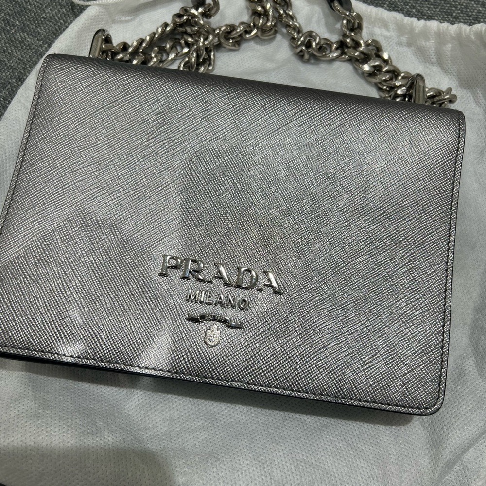 Prada Metallic Silver Saffiano Crossbody Bag with Chain